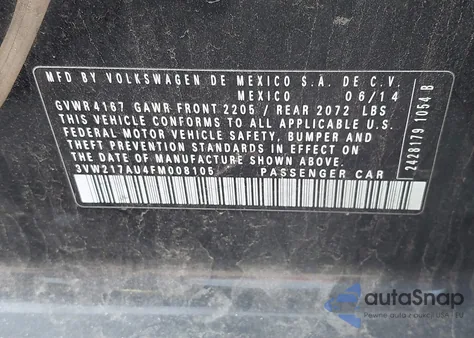 2015 Volkswagen Golf Tsi S 4-Door z USA, uszkodzony, nr VIN 3VW217AU4FM008105